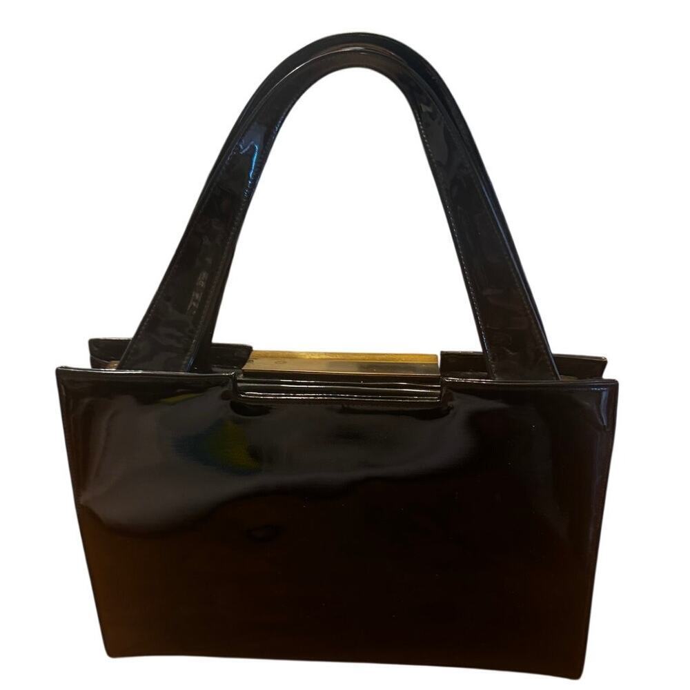 Vintage Black Patent Structured Top Handle Handbag Purse Mad Men 50s Style
